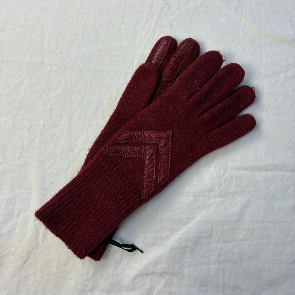Aris Vintage Burgundy Knit Gloves Leather 70s/80s Chevron Trim Ribbed Cuff OS